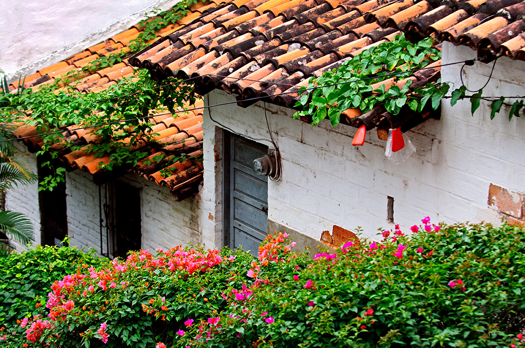 A lovely classic Mexican house in Puerto Vallarta, with a roof made of clay tiles and white brick walls adorned with blooming plants.