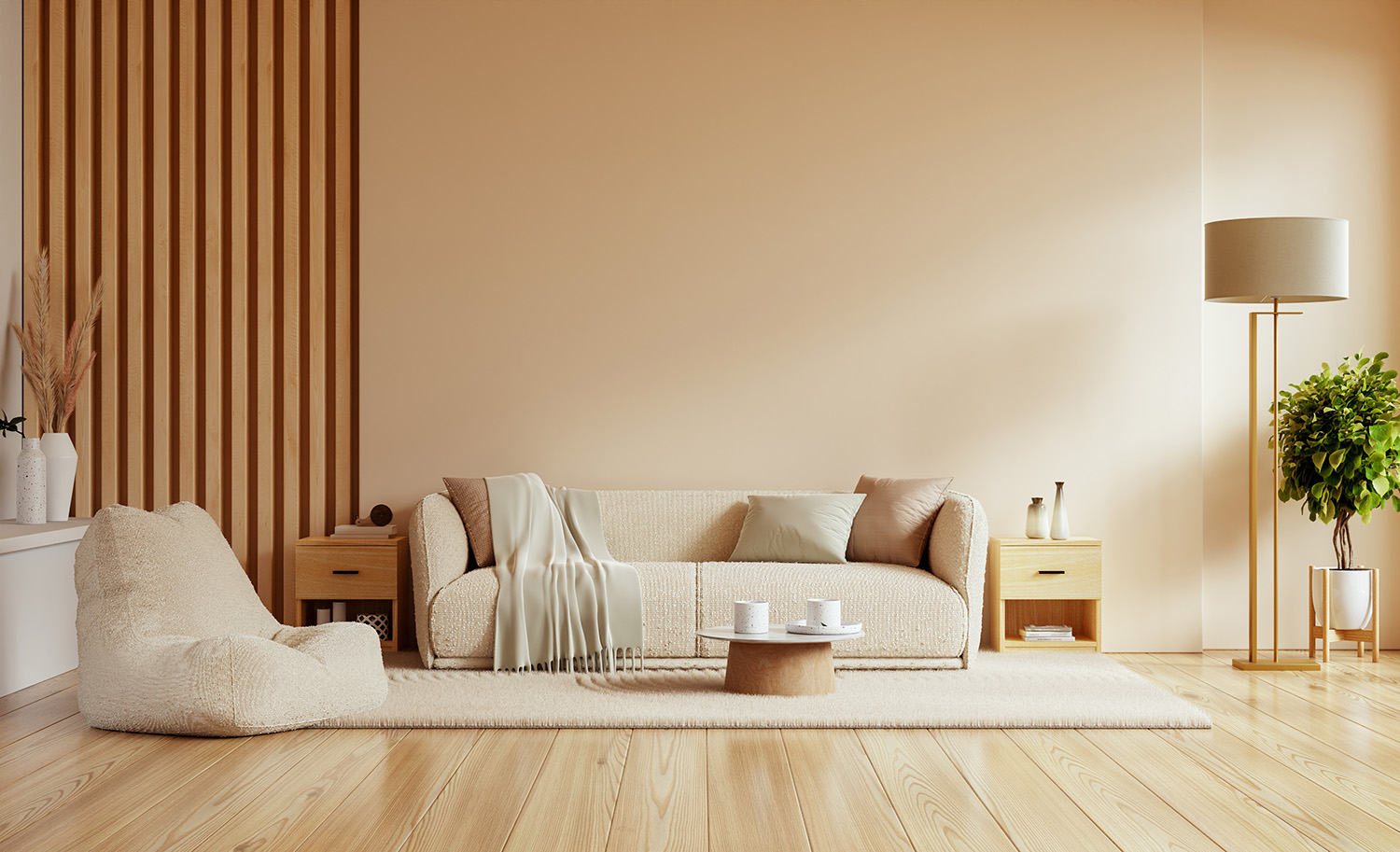 Minimalistic living room interior with beige sofa, bean bag, wooden coffee table, and floor lamp.